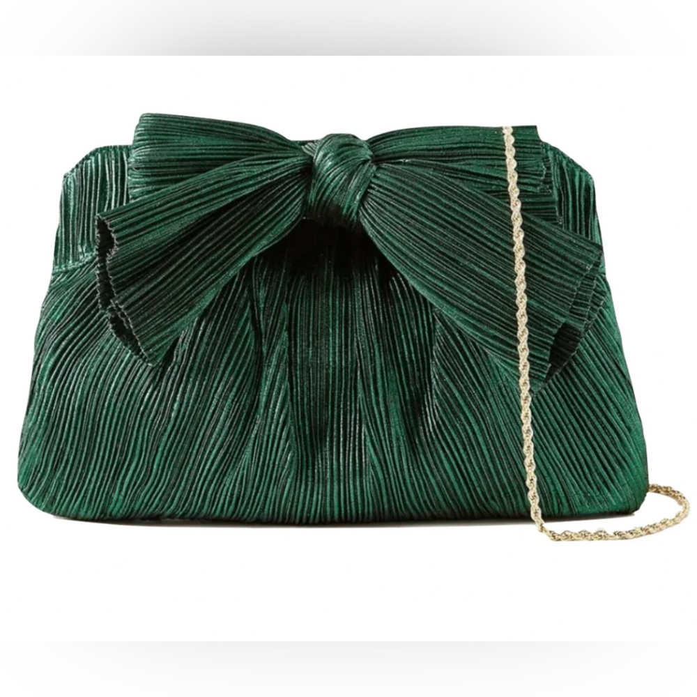 Loeffler Randall Rayne Emerald Green Pleated Bow Clutch Evening Bag